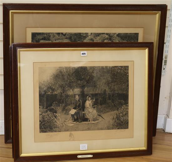 Four W.Dendy Sadler engravings, For Weal or Woe; Scandal and Tea; Memories and Rivals Largest 56 x 67cm.